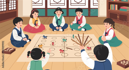 Children in traditional Korean clothing play a board game indoors