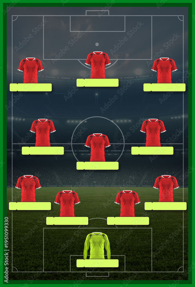 Obraz premium Football formation lineup infographic with red jerseys and player name tags, 3d rendering.