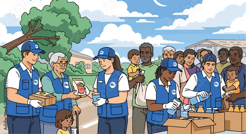 Volunteers distribute food and drinks to a diverse crowd under a cloudy sky