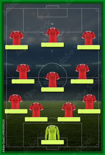 Football formation lineup infographic with red jerseys and player name tags, 3d rendering.