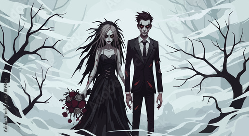 A haunting bride and groom stand in a chilling, bare winter forest