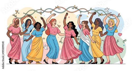 Diverse group of women dancing and celebrating together joyfully.
