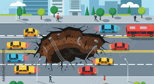 Urban scene with a large sinkhole on the road, disrupting traffic