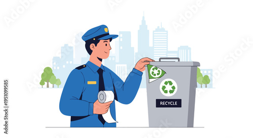 A friendly uniformed person discards a roll of paper into a recycling bin
