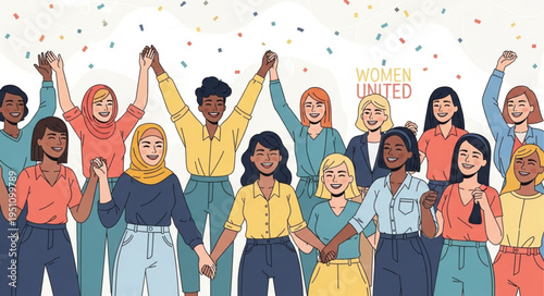 Diverse group of women holding hands celebrating unity and empowerment.