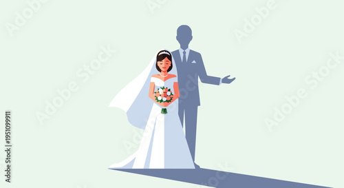 A bride in a white gown and veil stands with a man's shadow behind her