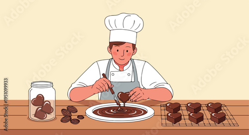 Chef making heart-shaped chocolates on a wooden table, with jar, beans and cooling rack