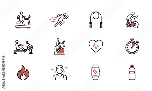Gym Cardio Icons Set. Fitness Exercise Running Training Icons Vector Illustration