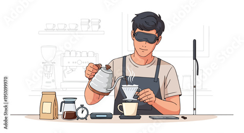Blindfolded individual carefully brews pour-over coffee with steam rising