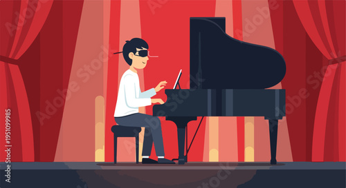 A person wearing a blindfold plays a grand piano on a stage with red curtains