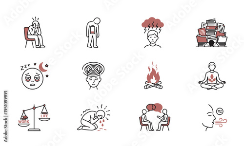 Mental Burnout Icons Set. Stress Anxiety Fatigue Emotional Health Vector Illustration