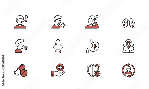Sickness and Illness Icons Set of 12. Medical Symptoms Health Icons Vector Illustration