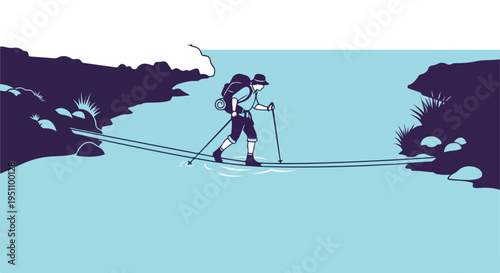 Person crossing a narrow bridge over water with trekking poles and backpack