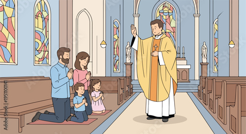 A family kneels in prayer before a priest in a church