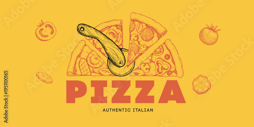 Pizza different taste slices with round cutter. Traditional Italian food design template. Best for flyers, package, delivery menu designs. Vector illustration.