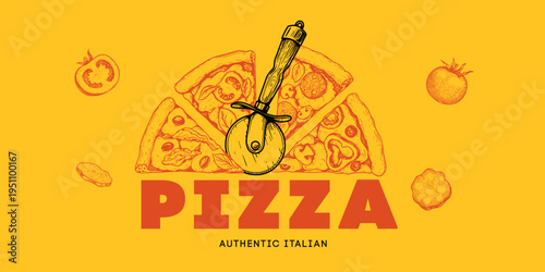 Pizza different taste slices with round cutter. Traditional Italian food design template. Best for flyers, package, delivery menu designs. Vector illustration.