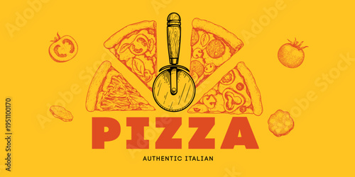 Pizza different taste slices with round cutter. Traditional Italian food design template. Best for flyers, package, delivery menu designs. Vector illustration.