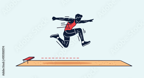 Stylized illustration of an athlete performing a long jump in a sand pit
