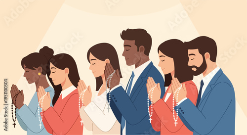 Diverse group of people with prayer beads engaged in silent, respectful reflection