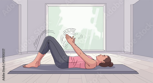 Woman lying on yoga mat, arms extended, performing arm pulses with rings