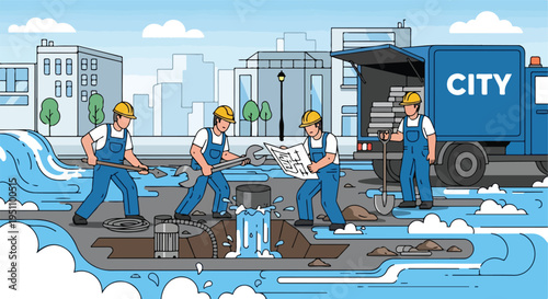 City workers repair a street as water floods from a broken pipe