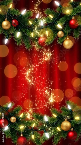Festive holiday garland with glowing lights and ornaments on a red background