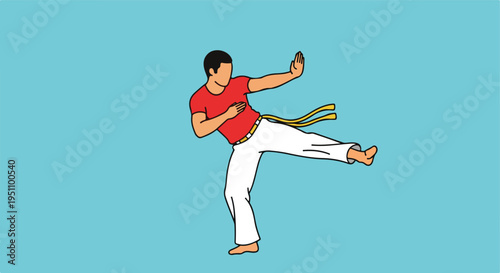 Man in red shirt and white pants performs a martial arts kick