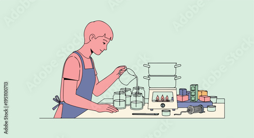 Person pouring liquid into jars with melting wax, a stove, and other crafting supplies on a table