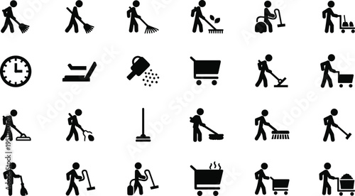 Cleaning service icons set, janitor tools and housekeeping symbols, maintenance and hygiene concept, outline vector illustration isolated collection