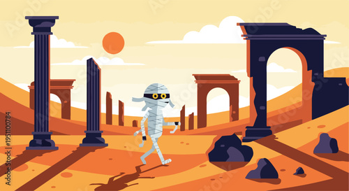 A cartoon mummy walks through desert ruins under a warm, hazy sun