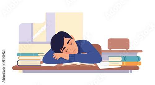 A student sleeps at a desk piled with books, overwhelmed by studies and exhaustion