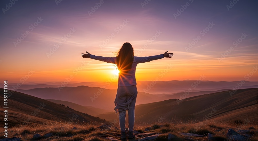 Fototapeta premium Silhouette of a woman raising her arms toward the sunset sky, expressing freedom, happiness, and emotional peace in nature.