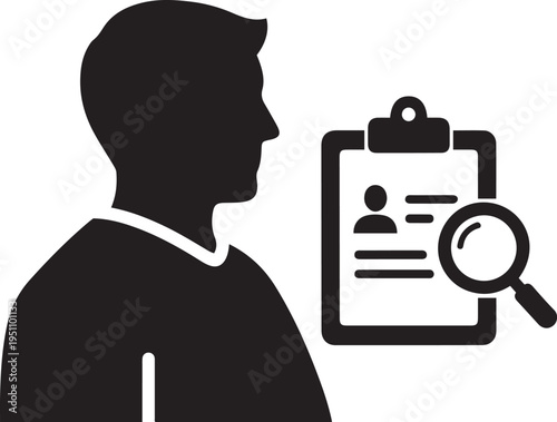 Vector icon of a person silhouette next to a clipboard with a profile and text, examined by a magnifying glass, representing resume review, candidate