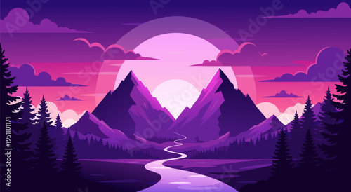 Vibrant vector illustration of a serene mountain landscape with a winding river under a colorful sunset sky, a beautiful natural scene
