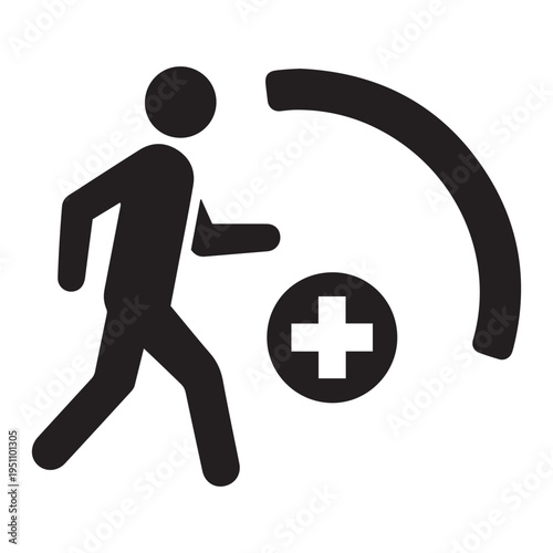 Vector icon of a walking person with a wifi signal and a plus symbol in a circle, representing health, wellness, and connectivity, perhaps for