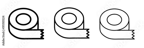 Vector illustration of adhesive tape rolls icon set with different line weights featuring minimalist black and white design for stationary and office supply