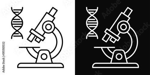 Microscope and DNA helix vector icons on white and black background