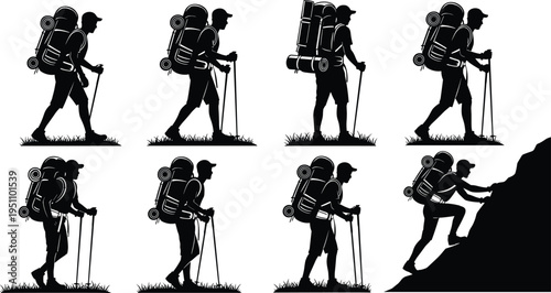 Hiker silhouettes with backpacks and trekking poles, outdoor adventure and hiking activity, travel and exploration concept, black vector illustration isolated set