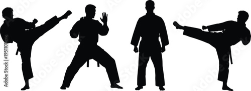 Martial arts silhouettes, karate fighters performing kicks and combat stances, self defense training concept, black vector illustration isolated set