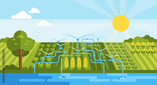 Agricultural irrigation system landscape with sun and crops illustration