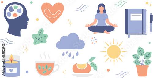 Mental Health and Self Care Icon Set Featuring Meditation Yoga Woman, Mindfulness Symbols, Journaling, Emotional Wellness, and Stress Relief Vector IllustrationsPrint