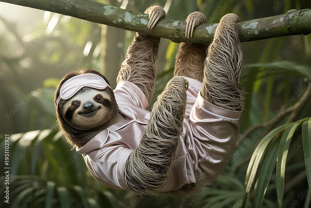 Fototapeta premium Sloth hanging upside down from a tree branch in the rainforest