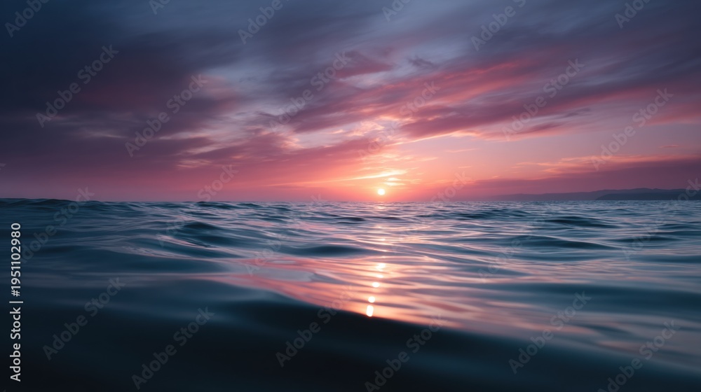 Fototapeta premium Beautiful landscape photograph of a sunset over the ocean. the sky is filled with vibrant colors of pink, orange, and purple, with the sun setting in the background.