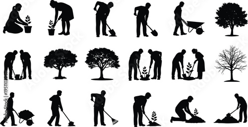Gardening silhouettes collection, people planting trees and working soil, landscaping activity concept, nature care, black vector illustration isolated set