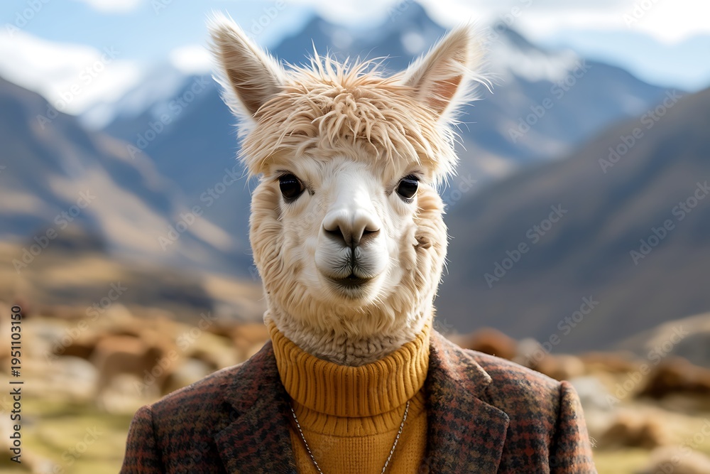 Obraz premium An alpaca wearing a sweater standing in front of a mountain range