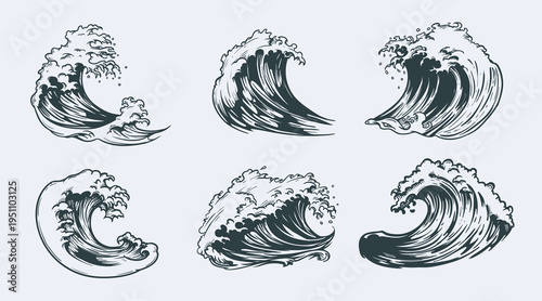 Sea wave sketch hand drawn style set. Collection of Storm wave, vintage tide and ocean beach storms. Vector illustration.
