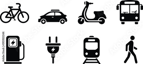 A set of vector line art silhouettes depicting various transportation modes and electric vehicle charging symbols