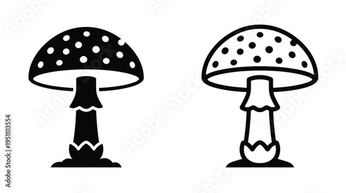 Two stylized mushroom illustrations showcasing spotted caps and stems in a black silhouette