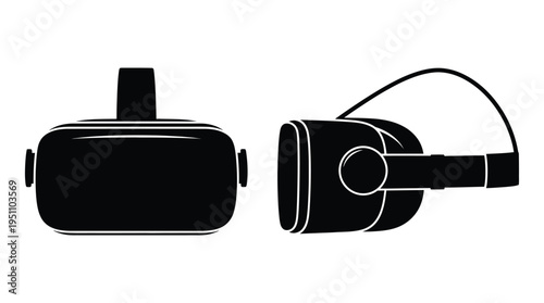 A black silhouette depiction of virtual reality goggles and controllers sharply defined silhouette