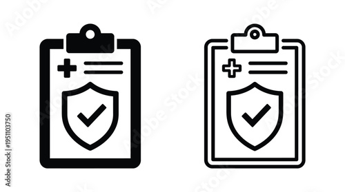 Two black clipboard icons with medical shield and checkmark representing healthcare forms silhouette